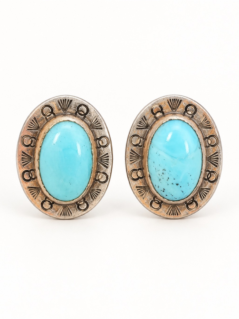 Turquoise Oval Southwestern Sterling-Style Clip Earrings - Turquoise
